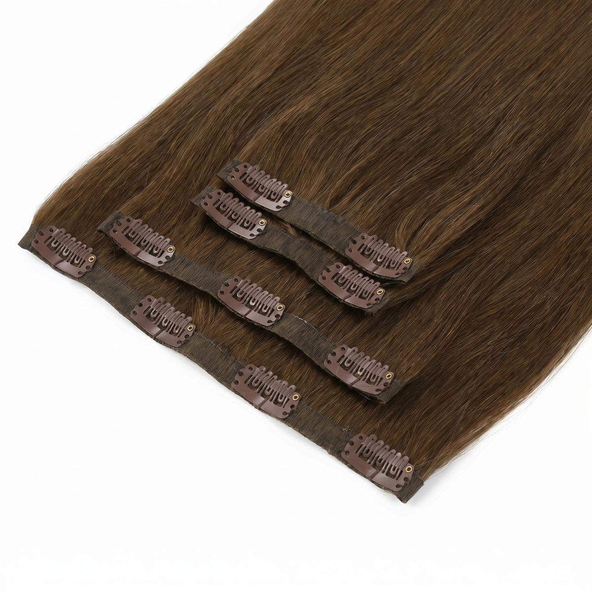 Chocolate brown straight clip-in hair extensions fanned at an angle so the clips on every seamless weft in the set are visible