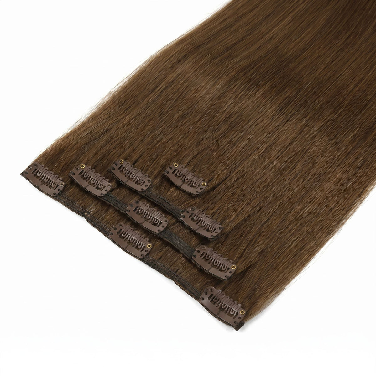 Chocolate brown straight clip-in hair extensions laid so the clipped edges of the stacked seamless wefts line up across the frame
