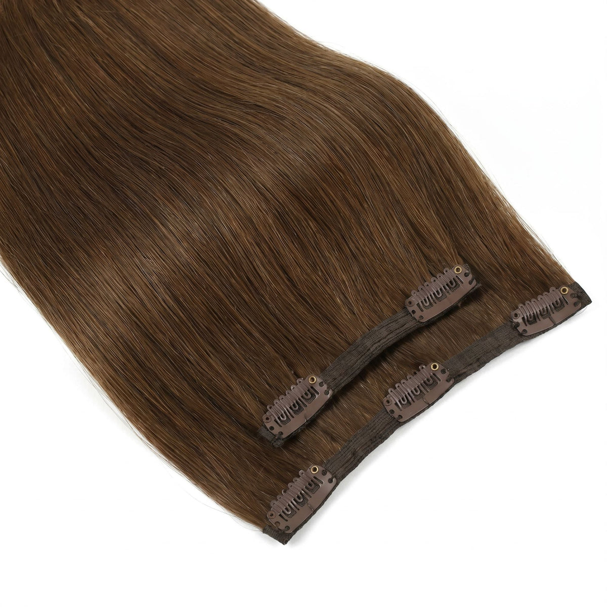 Close-up of the flat seamless wefts on chocolate brown straight clip-in hair extensions with matching brown snap clips attached
