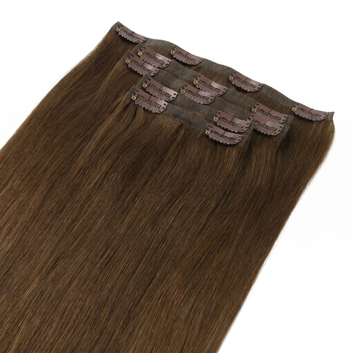 Full set of chocolate brown straight clip-in hair extensions laid flat with the seamless wefts and clips facing up