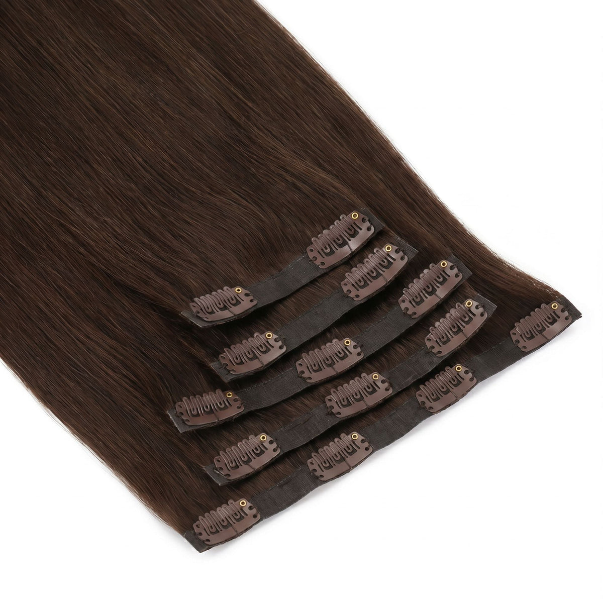 Dark brown straight clip-in hair extensions fanned at an angle so the clips on every seamless weft in the set are visible