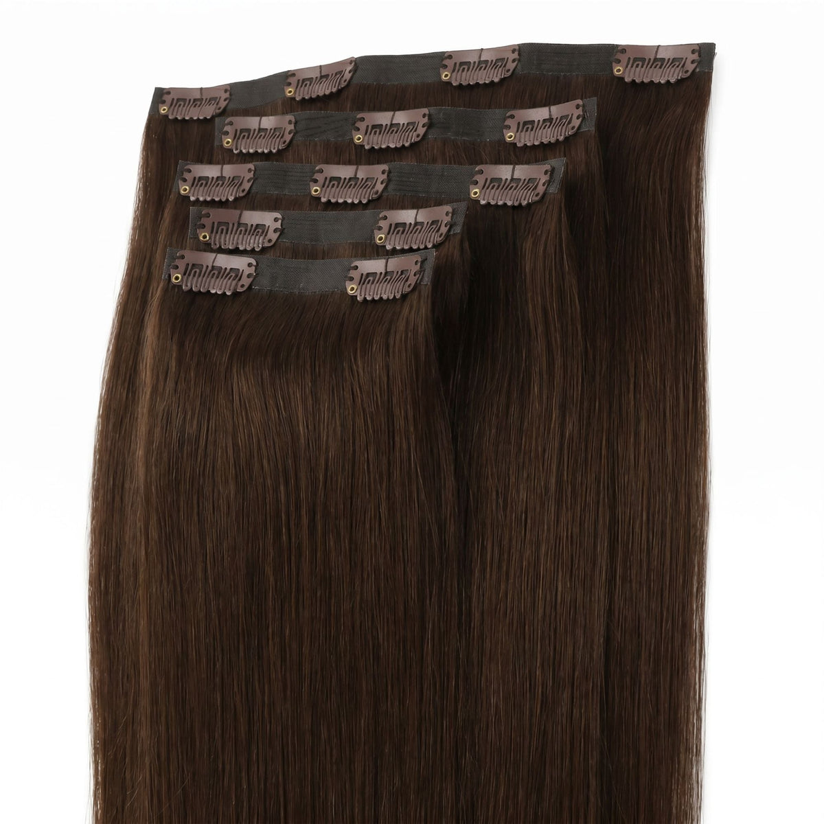 Full set of dark brown straight clip-in hair extensions laid flat with the seamless bands and snap clips facing up