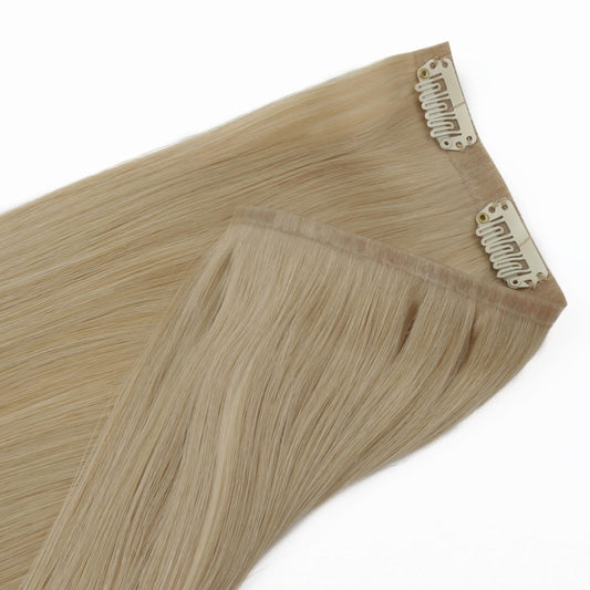 Warm Honey Blonde Seamless Clip-ins - close-up of seamless wefts and clips