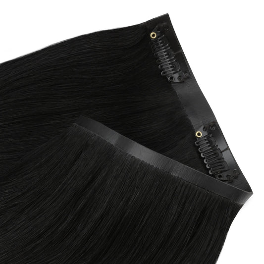 Jet Black Seamless Clip-ins - close-up of seamless wefts and clips