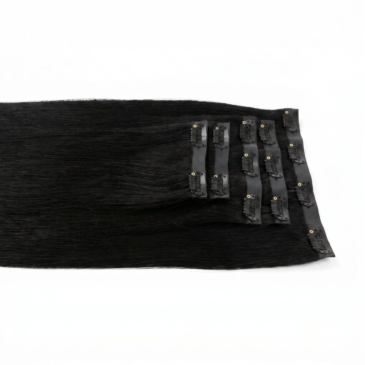 Jet black straight clip-in hair extensions spread horizontally so the seamless bands and black snap clips run across the frame