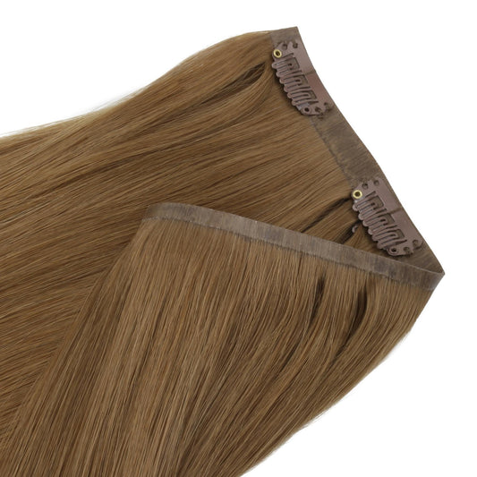Medium Chestnut Brown Seamless Clip-ins - close-up of seamless wefts and clips