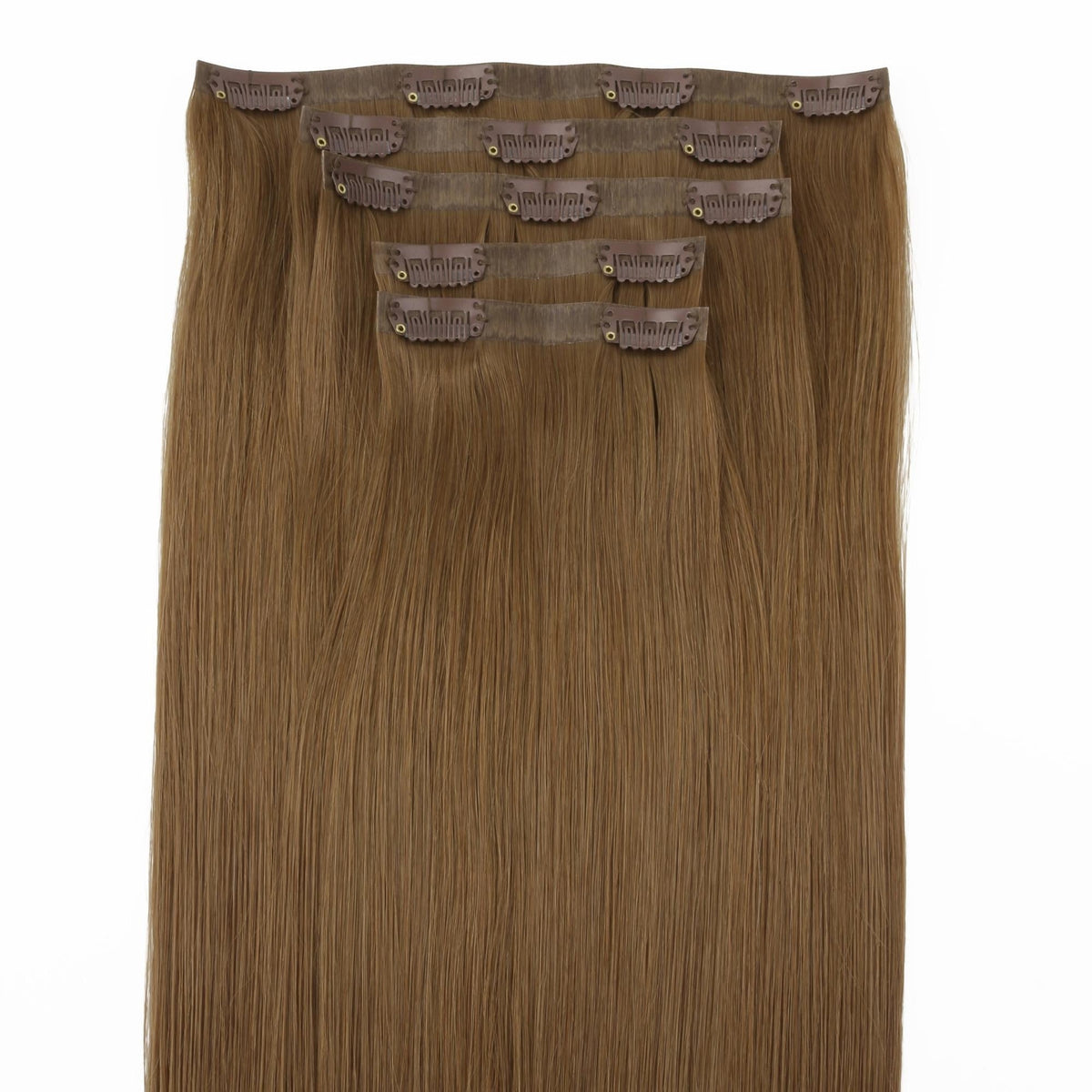 Medium Chestnut Brown Seamless Clip-ins - full set of wefts laid flat