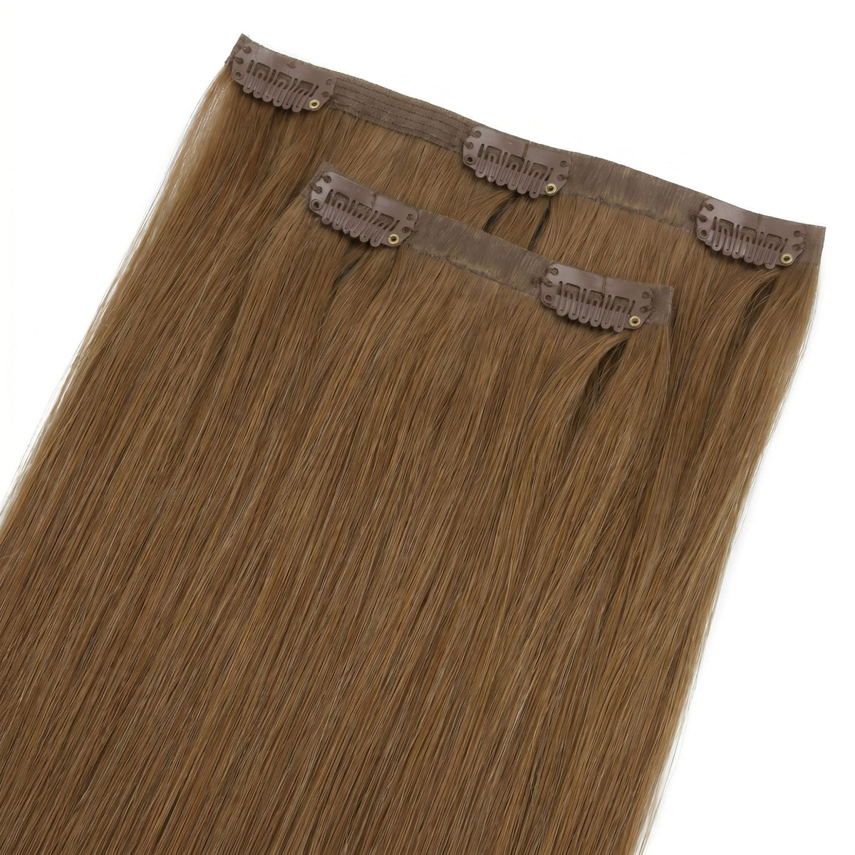 Close-up of the flat seamless wefts on chestnut brown straight clip-in hair extensions with brown snap clips attached