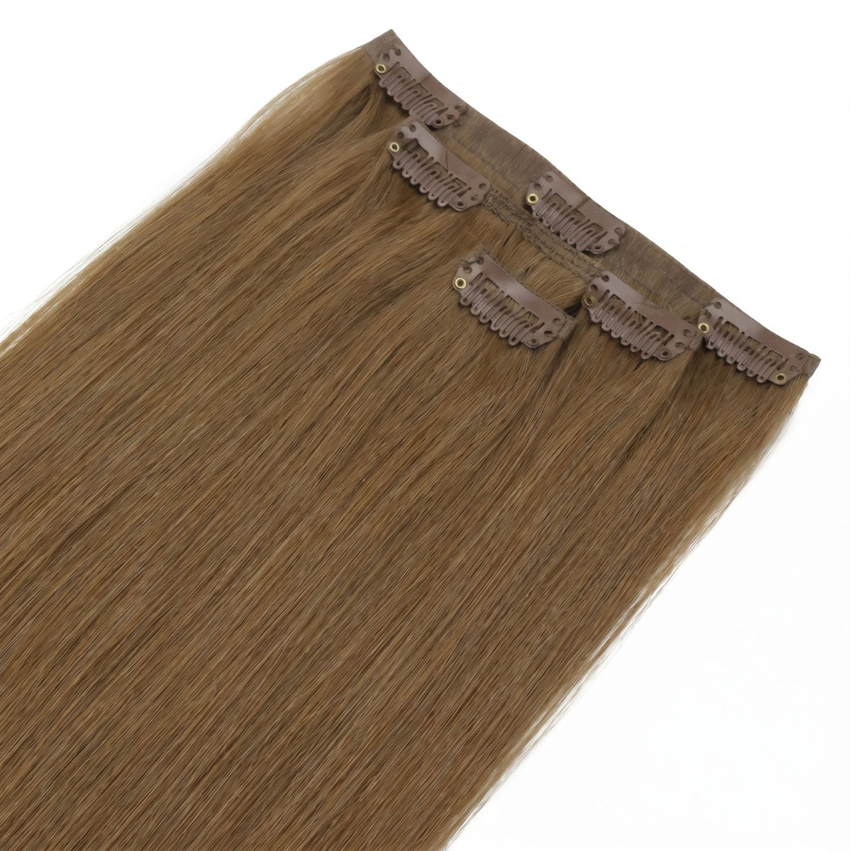 Full set of chestnut brown straight clip-in hair extensions laid flat with the seamless bands and snap clips facing up