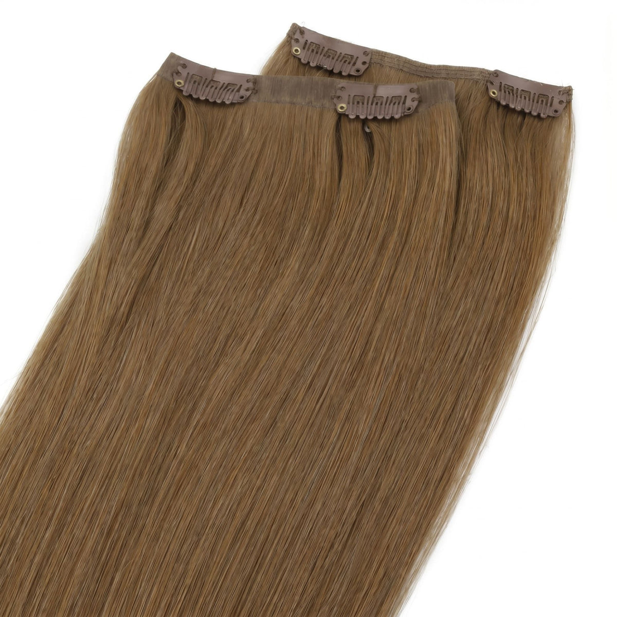 Two seamless wefts of chestnut brown straight clip-in hair extensions overlapping so the flat bands and clips are visible