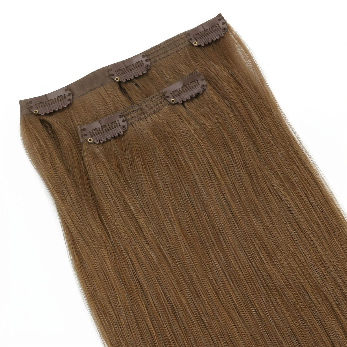 Chestnut brown straight clip-in hair extensions stacked so the clipped seamless bands gather across the top of the frame