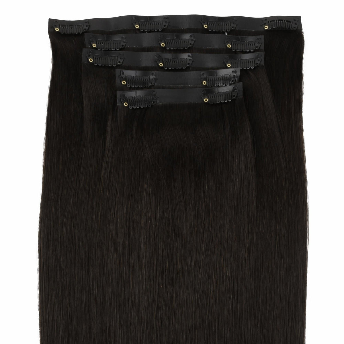 Off Black Seamless Clip-ins - full set of wefts, clips shown