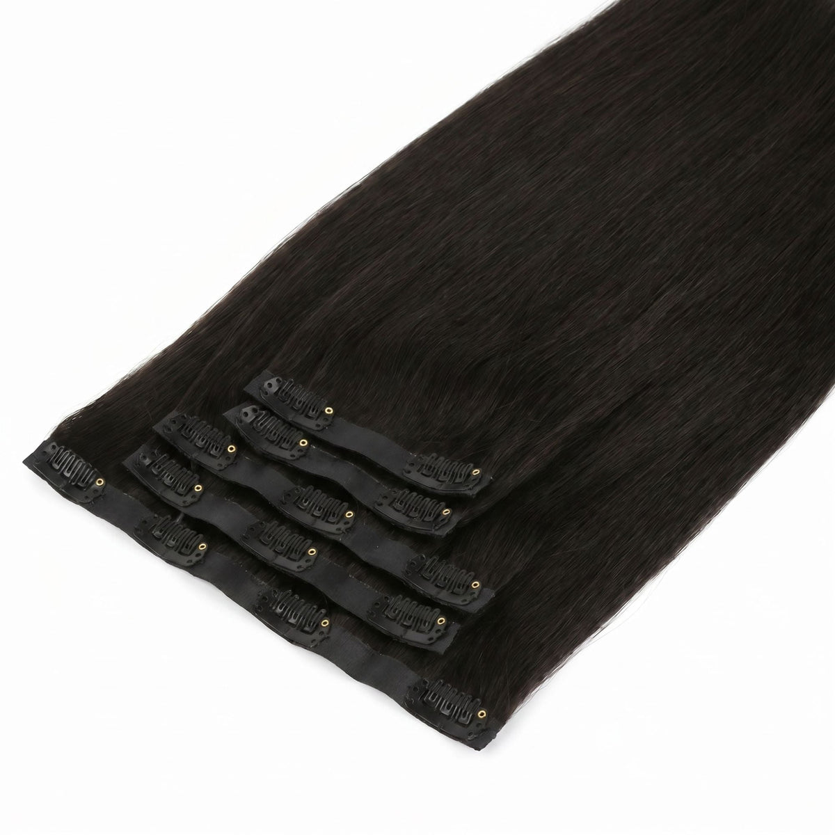 Off black straight clip-in hair extensions fanned at an angle so the clips on every seamless weft in the set are visible