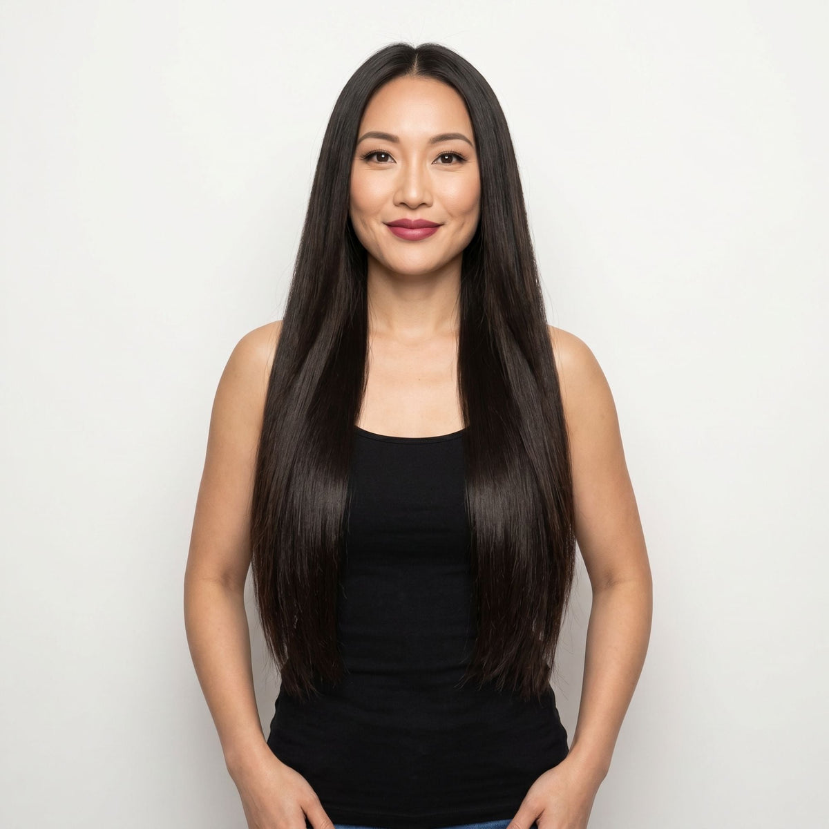 Model facing forward wearing long straight off black clip-in hair extensions parted in the centre against a white studio backdrop