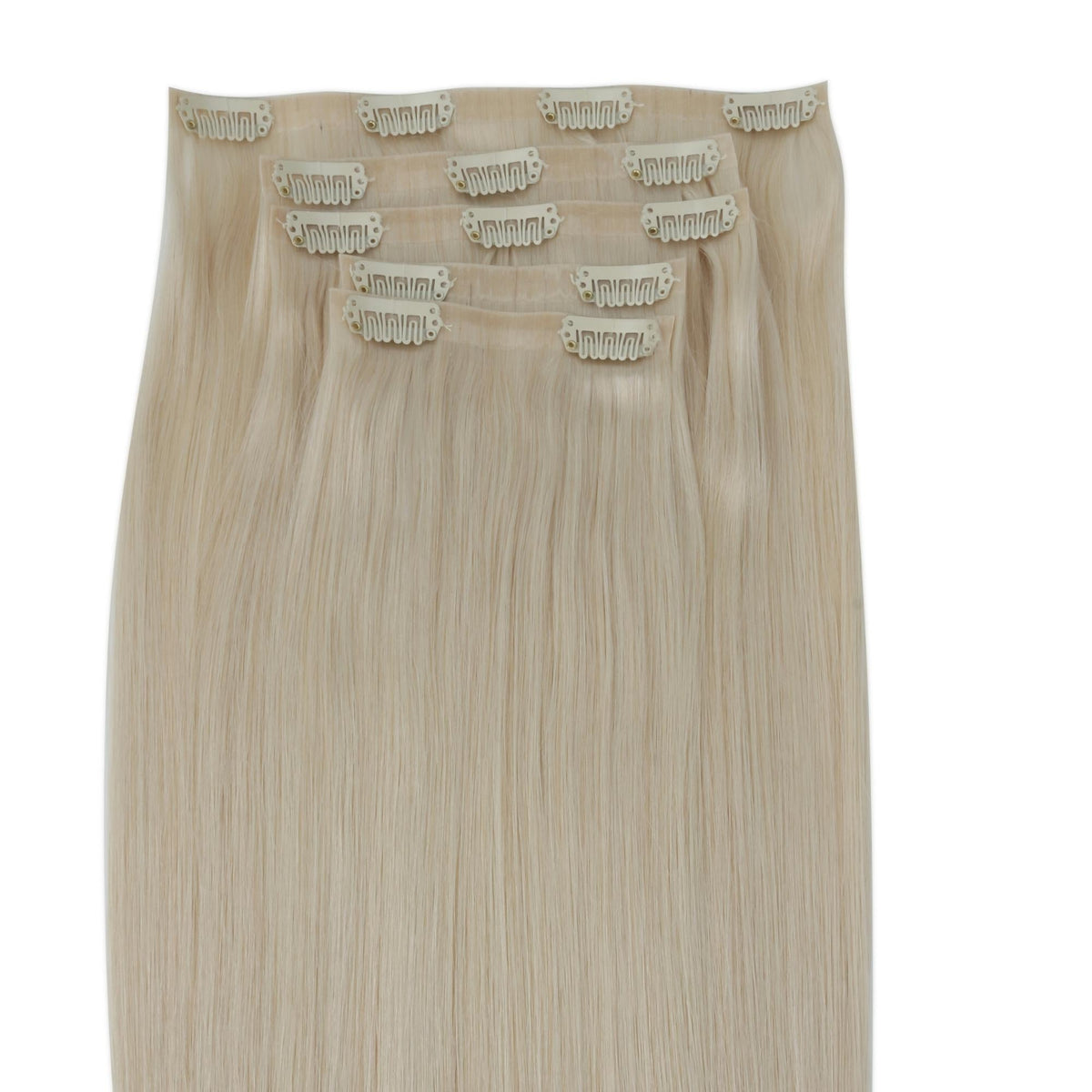 Platinum Blonde Seamless Clip-ins - full set of wefts fanned out