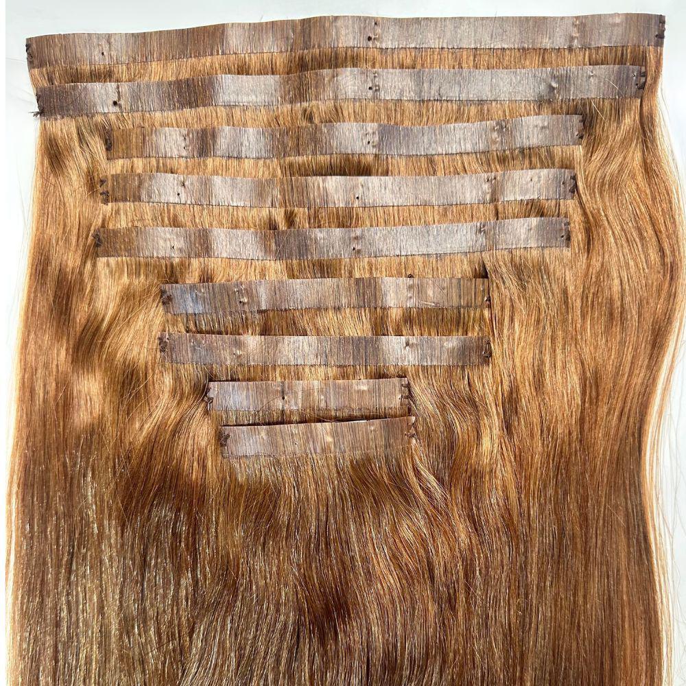 Clip In Hair Extensions - Straight Seamless - Auburn (30) - full set laid flat showing seamless wefts
