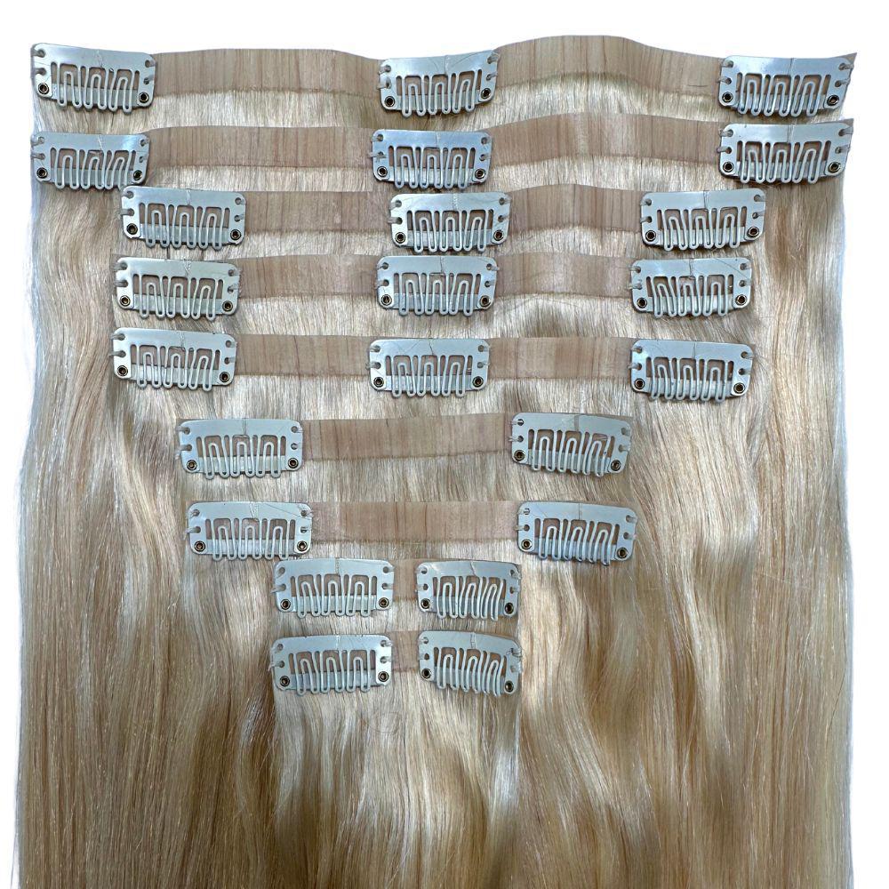 Clip In Hair Extensions - Straight Seamless - Blonde (613) - full set showing clips back view