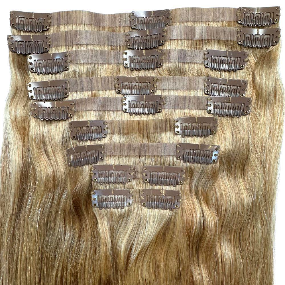 Clip In Hair Extensions - Straight Seamless - Honey Blonde (27) - full set showing clips attached