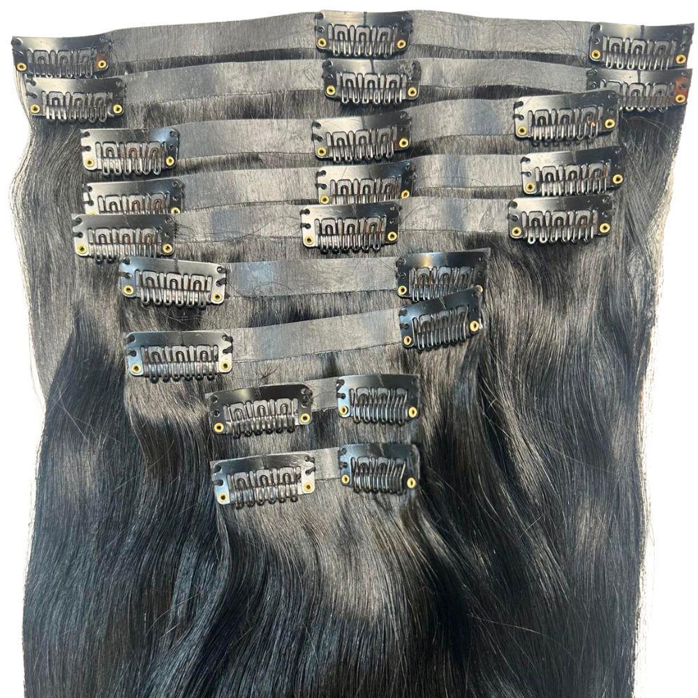 Clip In Hair Extensions - Straight Seamless - Jet Black (1) - full set laid flat showing all weft clips