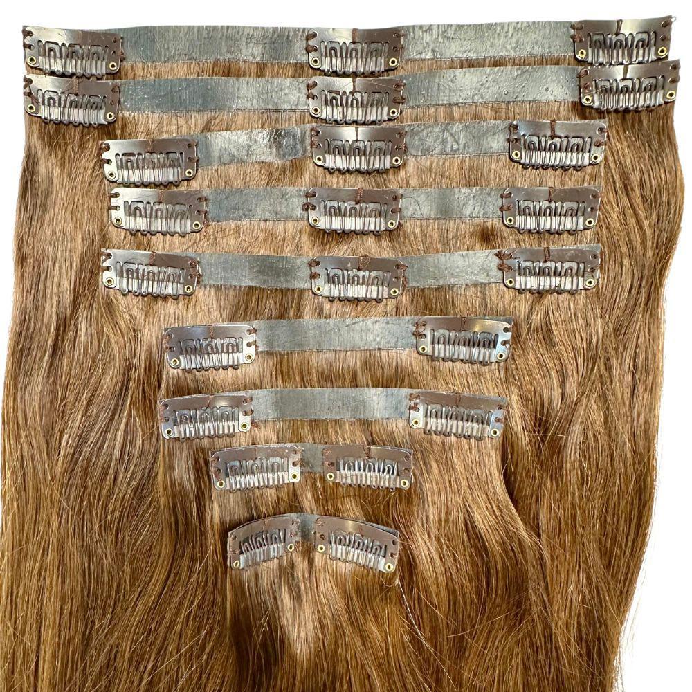 Clip In Hair Extensions - Straight Seamless - Medium Brown (4) - full set showing clips back view