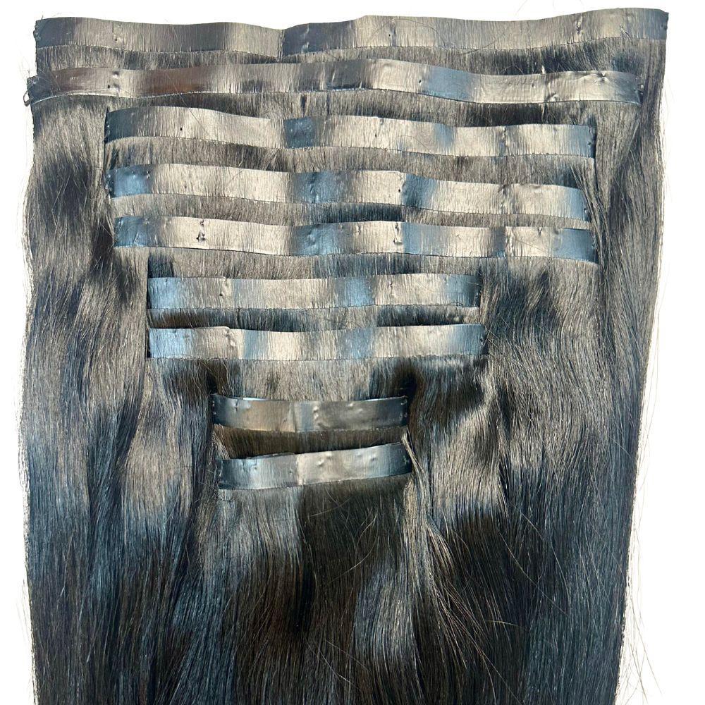 Clip In Hair Extensions - Straight Seamless - Natural Black (1B) - full set showing seamless weft backs