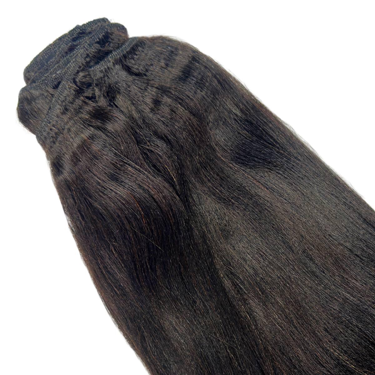 Clip In Hair Extensions - Yaki Straight - Natural Black (1B) - single weft close-up showing yaki texture
