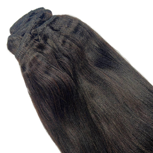 Clip In Hair Extensions - Yaki Straight - Natural Black (1B) - single weft close-up showing yaki texture