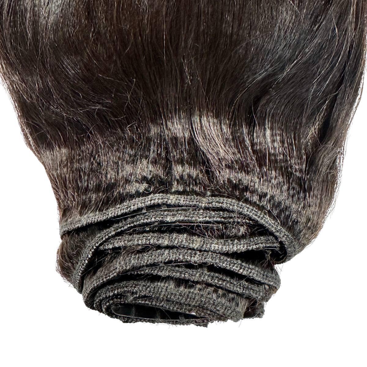 Clip In Hair Extensions - Yaki Straight - Natural Black (1B) - rolled wefts showing sewn construction