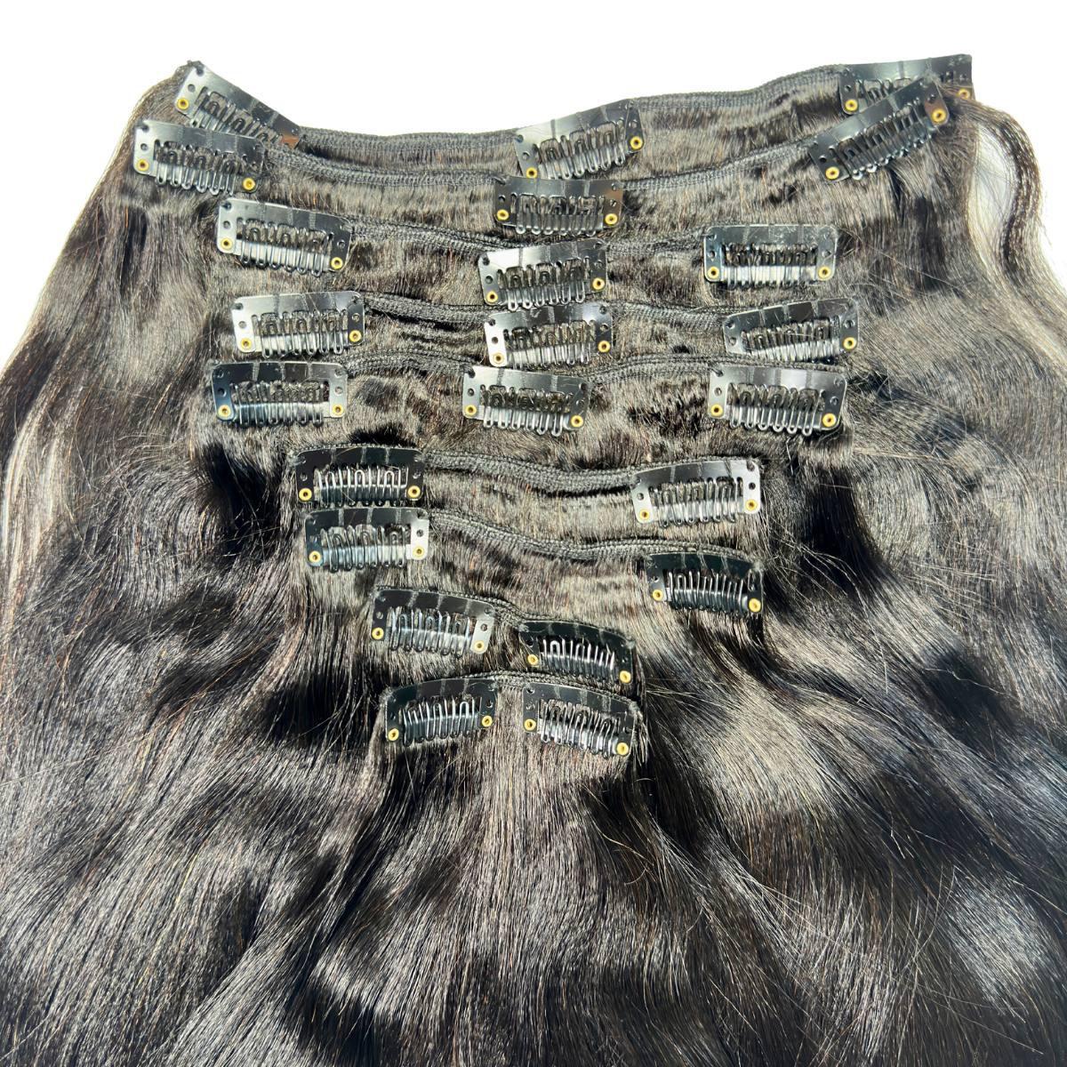 Clip In Hair Extensions - Yaki Straight - Natural Black (1B) - full set laid flat showing all weft clips