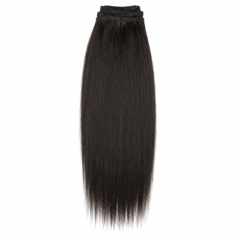 Natural black yaki straight clip-in hair extensions shown as a folded wefted bundle hanging against a plain white background