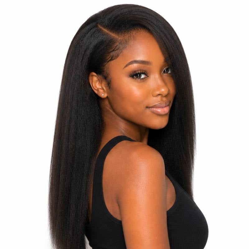 Model turned over her shoulder wearing natural black yaki straight clip-in hair extensions, showing the parting and the hair falling past the shoulder