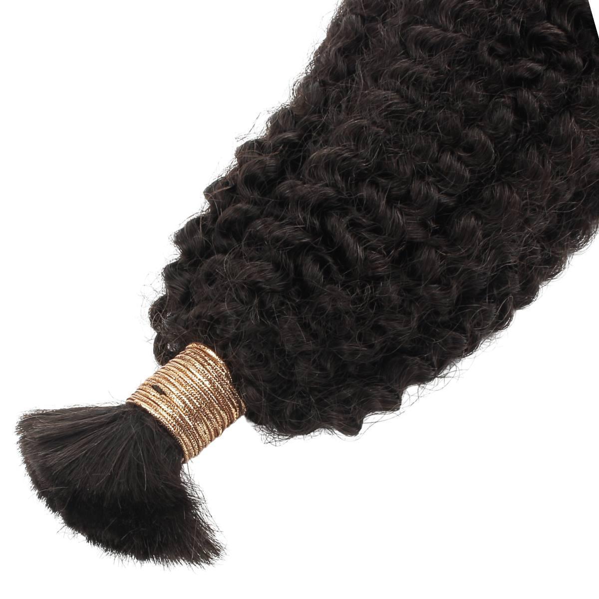 Curly Hair Extensions - Afro Kinky Bulk Human Braiding Hair - Natural Black (1B) - tied end and curl pattern close-up
