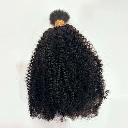 Afro kinky bulk human braiding hair in natural black 1B, 22 inch bundle tied at the top showing the coiled texture