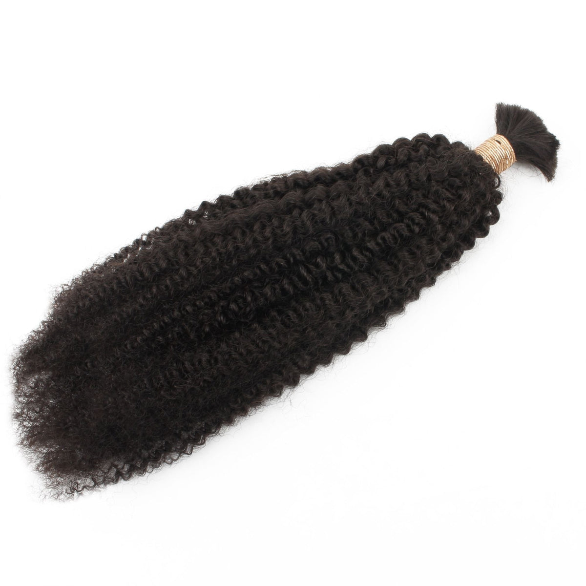 Bulk bundle of natural black afro kinky curly hair extensions tied with a gold band at one end and laid on a white background