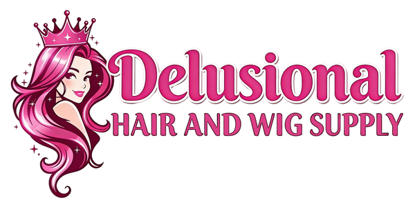 Logo of Delusional Hair and Wig Supply with a stylized woman with pink hair and a crown.