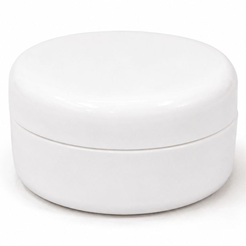 Single closed white edge control jar photographed on a white background, a smoothing gel used when styling hair extensions