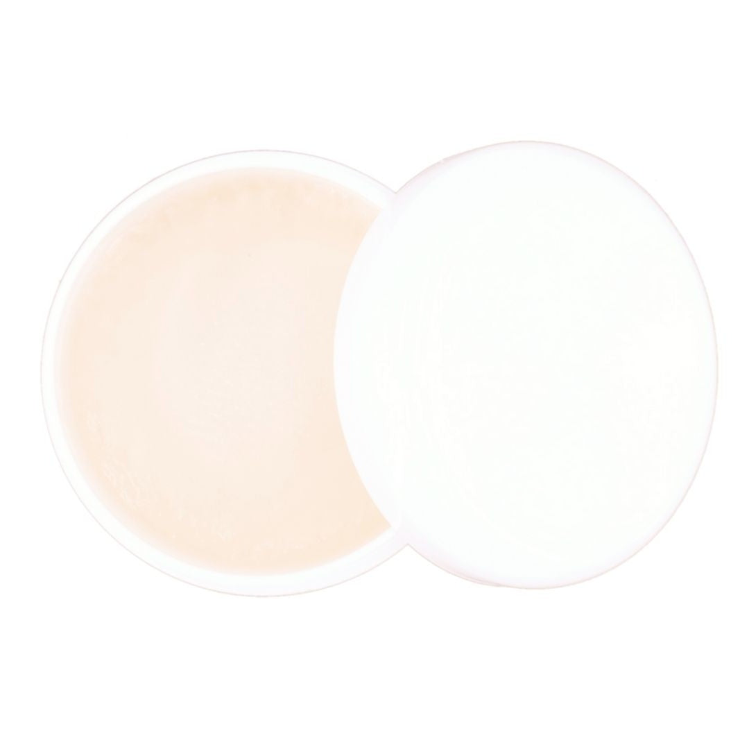 Open edge control jar beside its lid on a white background, the cream gel used to smooth edges when wearing hair extensions