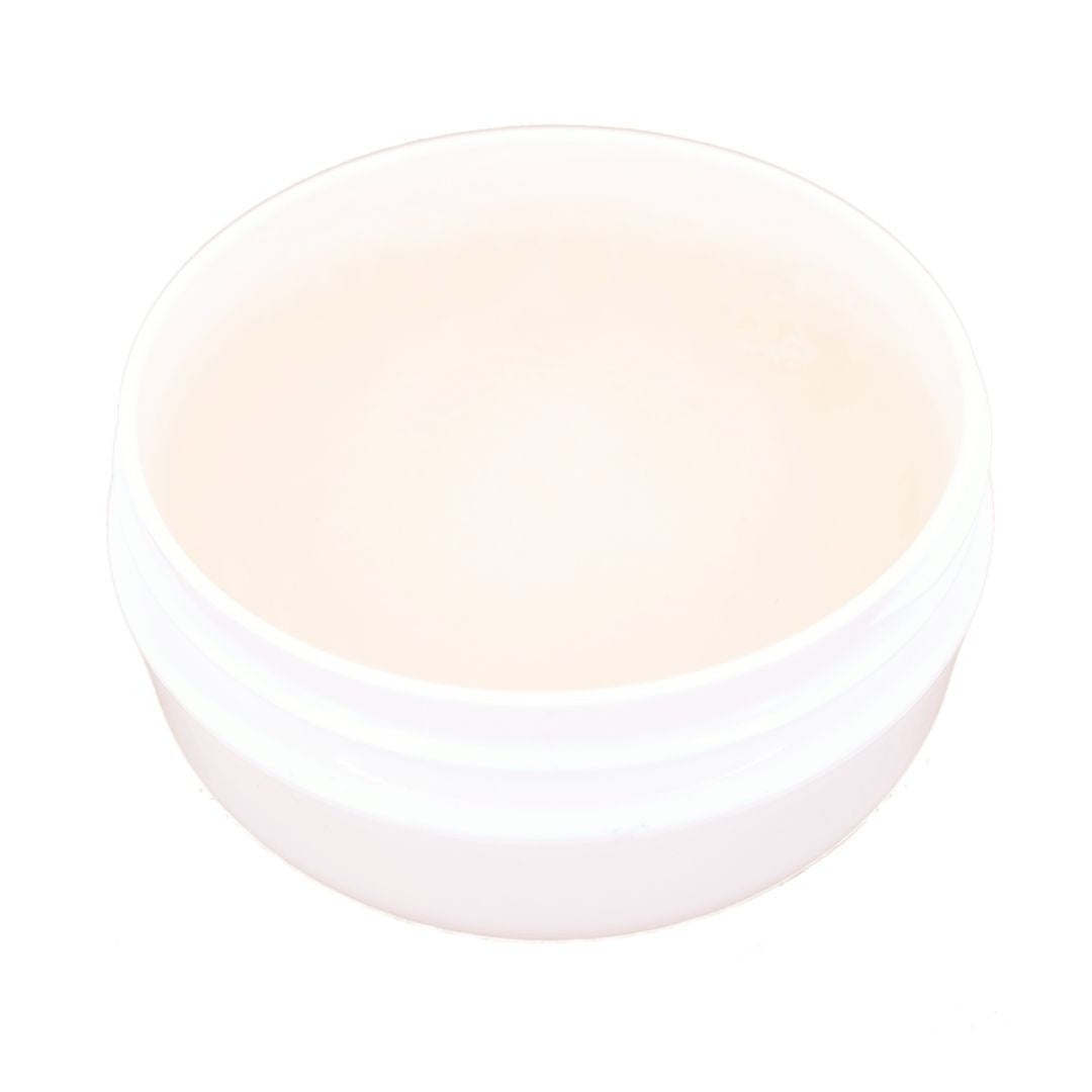 Open edge control jar shot from above on a white background, showing the filled cream gel used for smoothing edges around hair extensions
