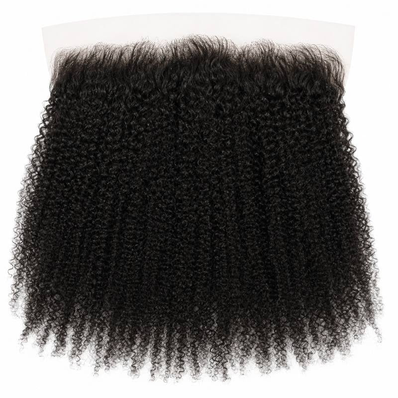 Natural black afro kinky curly hair extensions on an HD lace frontal laid flat, showing the full width of the lace panel and dense curls