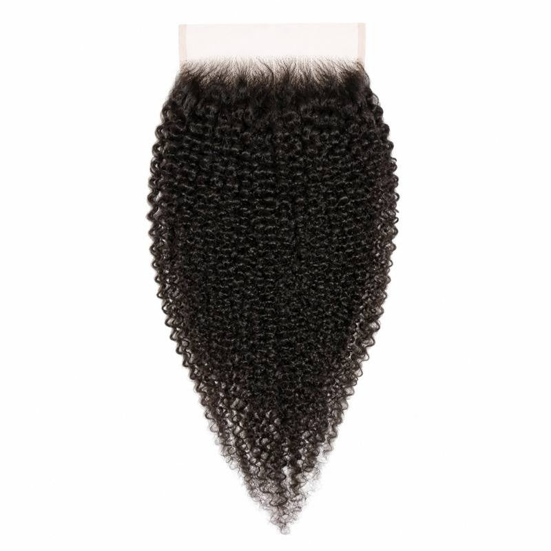 Natural black afro kinky curly hair extensions on a square HD lace closure hanging with the lace panel visible at the top