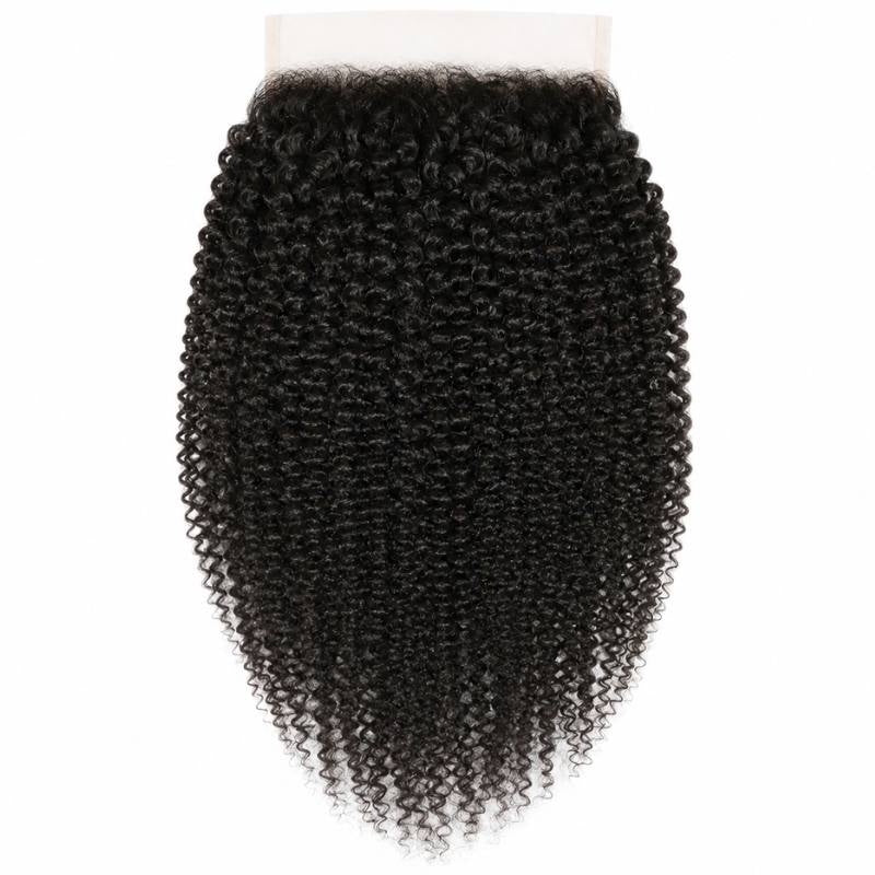 Natural black afro kinky curly hair extensions on a wide square HD lace closure hanging against a white background