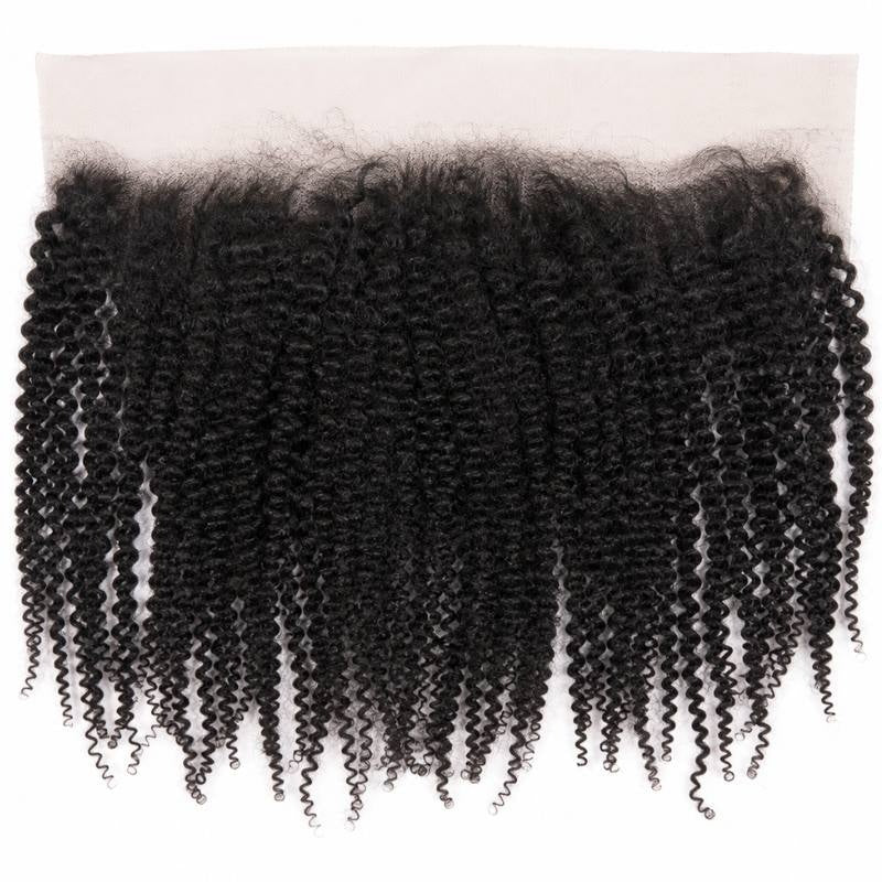 Natural black afro kinky curly hair extensions on a transparent lace frontal laid flat, showing the ear to ear lace band and spiral curls