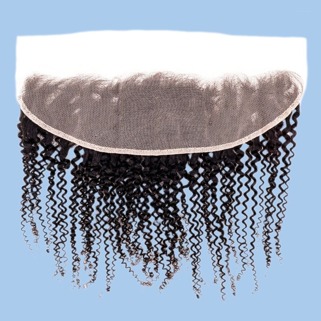 Transparent lace frontal turned to show the lace underside with natural black afro kinky curly hair extensions hanging from its edge
