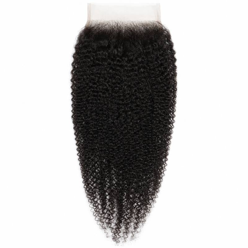 Natural black afro kinky curly hair extensions on a square transparent lace closure hanging against a white background