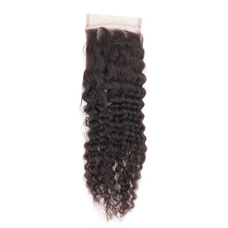 Transparent lace closure with natural black curly hair extensions hanging loosely, showing the defined curl pattern down the length