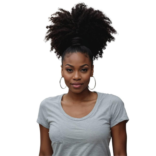 Afro Kinky Curly Ponytail - Woman wearing afro kinky curly natural black 1B human hair ponytail styled in a high voluminous puff updo, front view