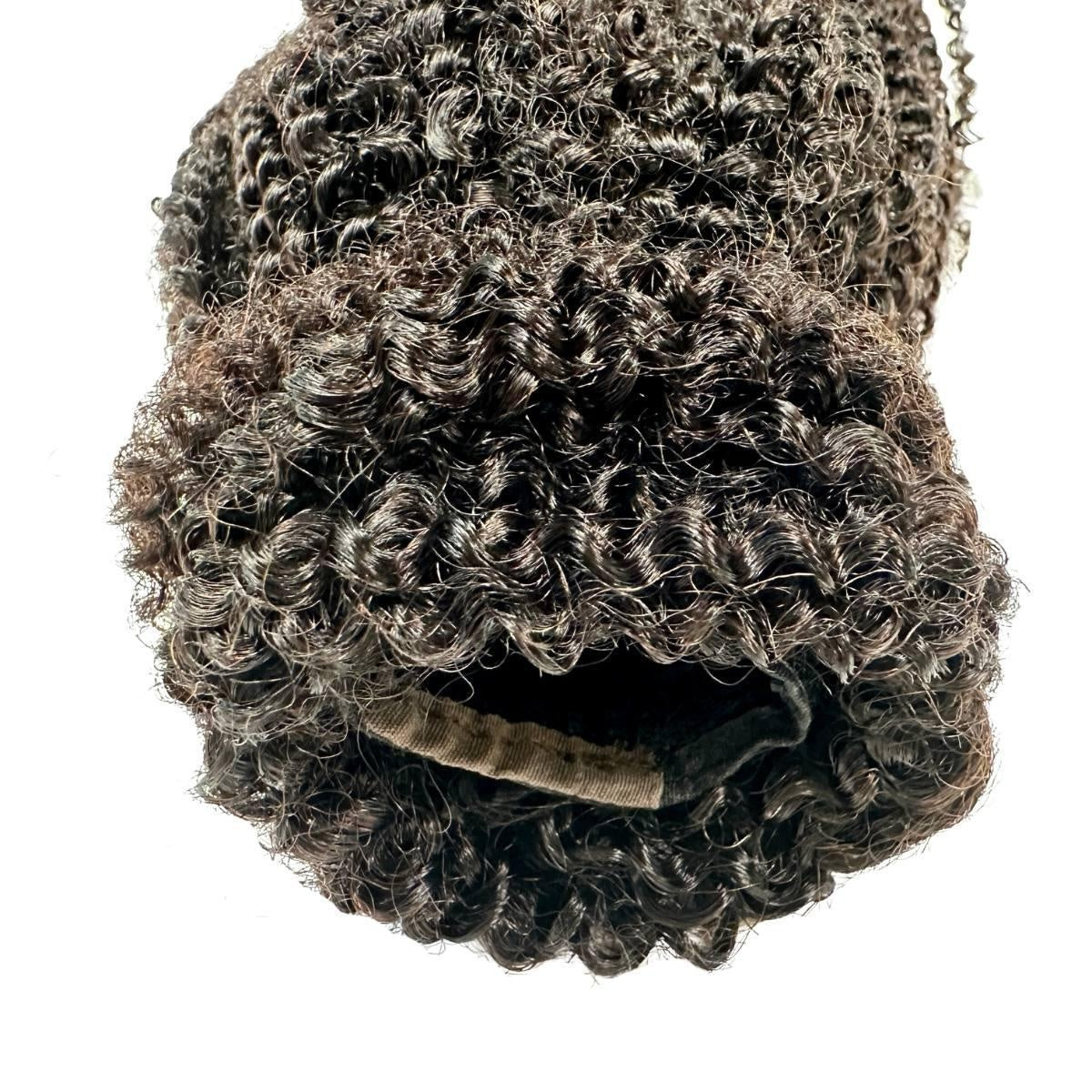 Afro Kinky Curly Ponytail - Afro kinky curly natural black 1B human hair ponytail base detail with velcro wrap attachment and coily texture