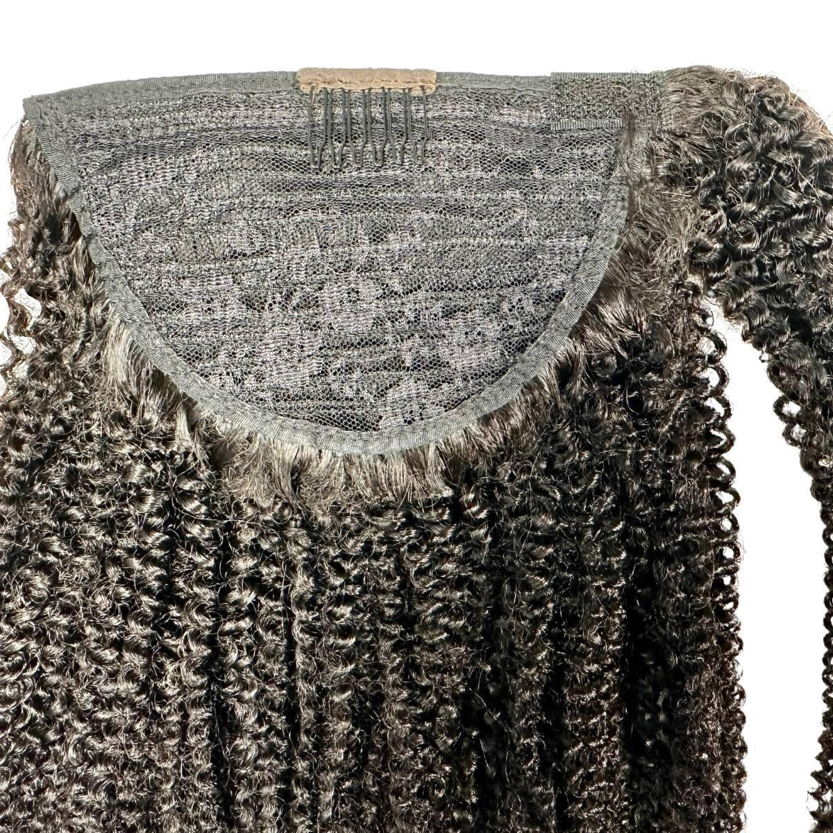 Afro Kinky Curly Ponytail - Underside of afro kinky curly natural black 1B wrap ponytail showing mesh cap, comb clips and drawstring base