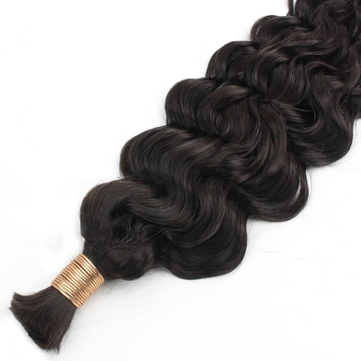 Hair Extensions - Beach Wave Bulk Human Braiding Hair - Natural Black (1B) - tied end and wave pattern close-up