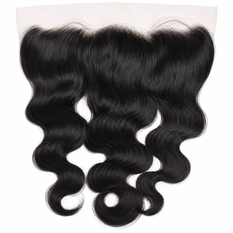 Jet black body wave hair extensions on an HD lace frontal laid flat, showing the ear to ear lace band and the S shaped wave